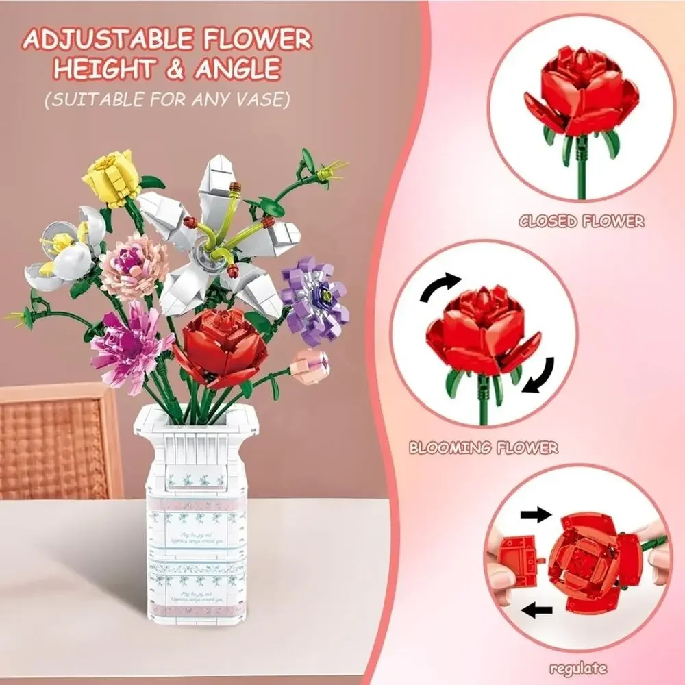 730 Piece Block Flowers Bouquet Building Set, 10 Artificial Flowers, with Vase
